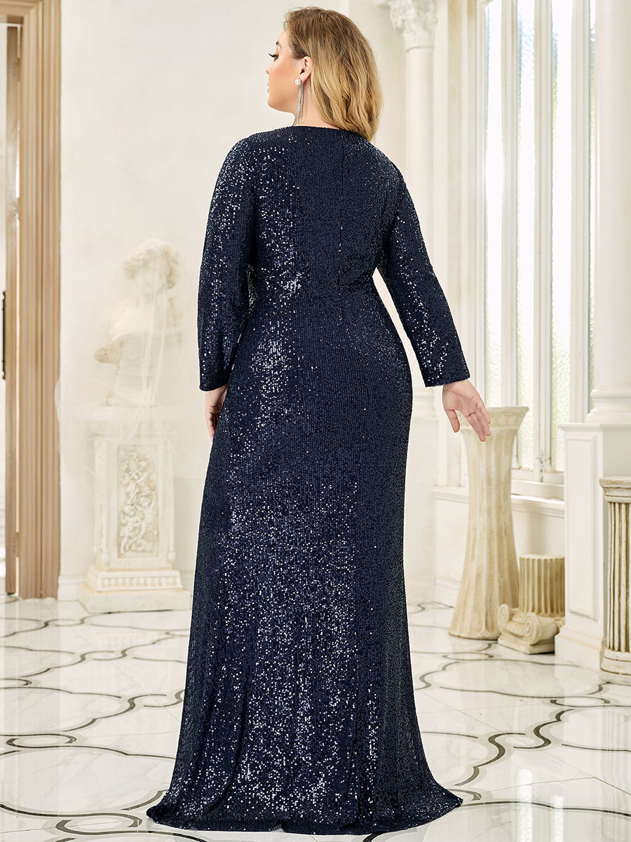 Robe de Soirée Grande Taille Brillante à Paillettes avec Fente #Couleur_Bleu Marine