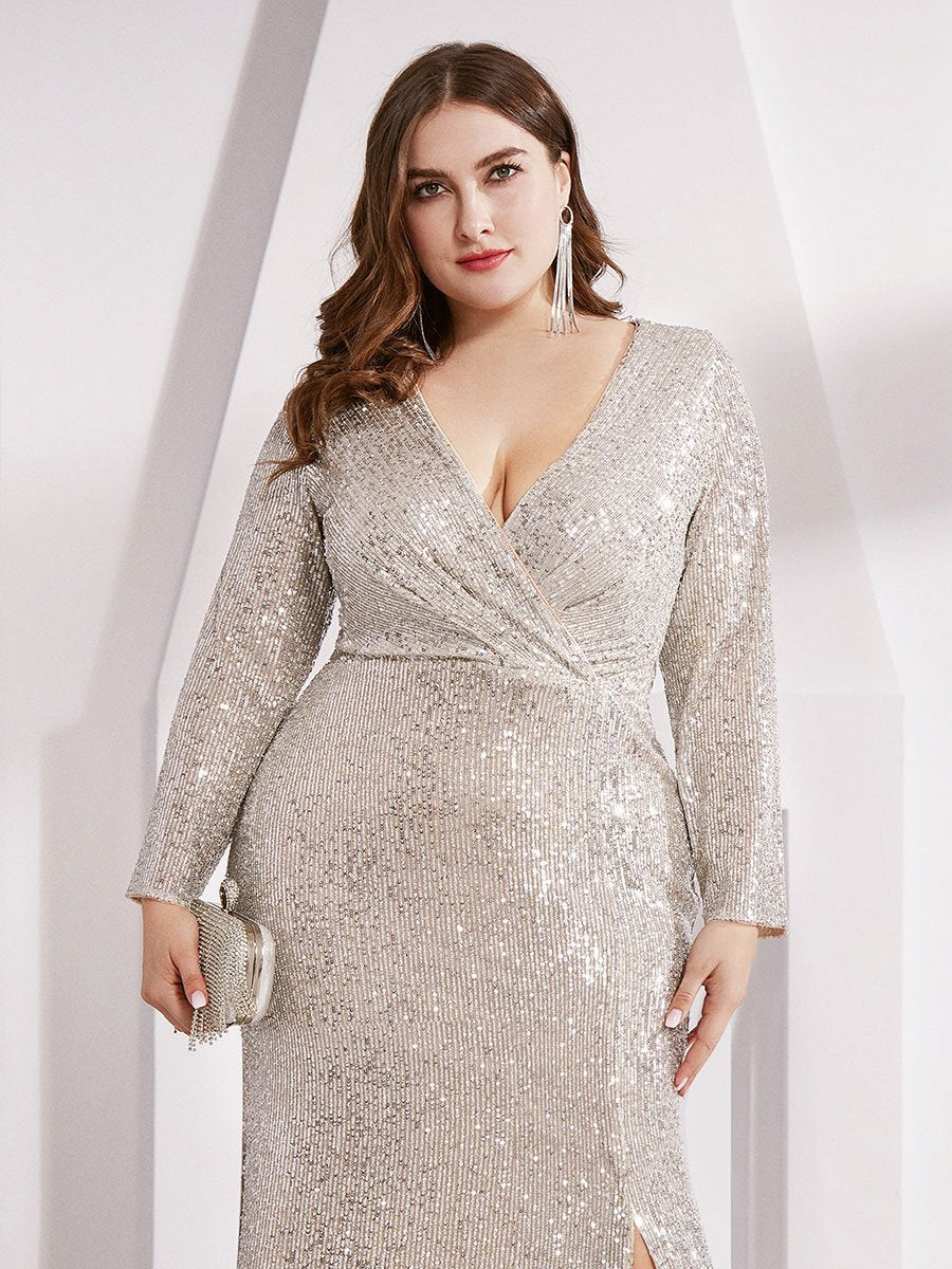 Robe de Soirée Grande Taille Brillante à Paillettes avec Fente #Couleur_Charbon