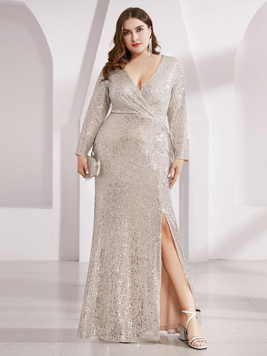 Robe de Soirée Grande Taille Brillante à Paillettes avec Fente #Couleur_Charbon