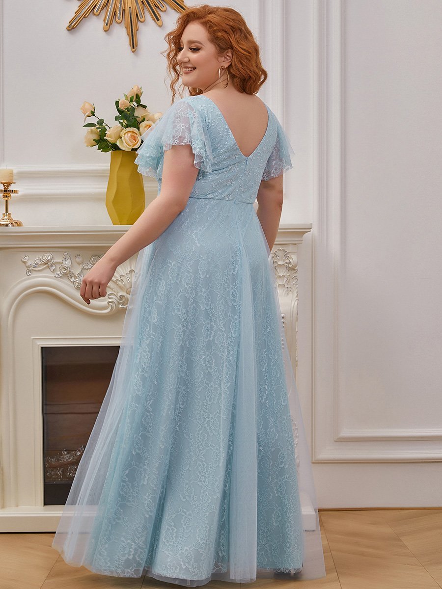 Robes de mariée Maxi Long Plus Size en dentelle avec manches à volants #Couleur_Bleu ciel