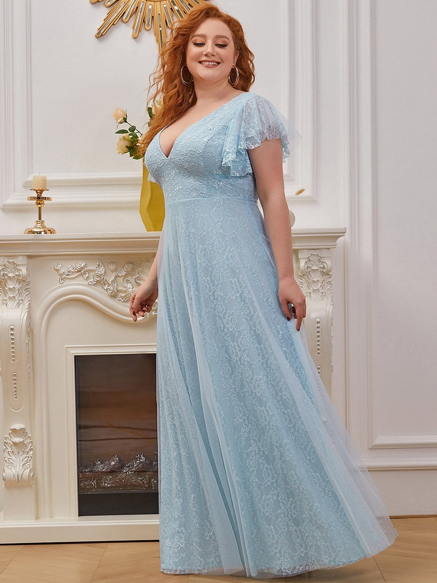 Robes de mariée Maxi Long Plus Size en dentelle avec manches à volants #Couleur_Bleu ciel