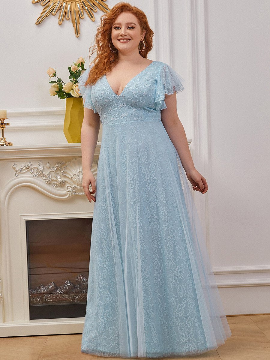 Robes de mariée Maxi Long Plus Size en dentelle avec manches à volants #Couleur_Bleu ciel