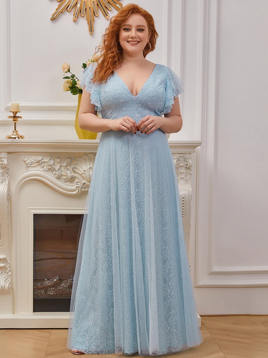 Robes de mariée Maxi Long Plus Size en dentelle avec manches à volants #Couleur_Bleu ciel