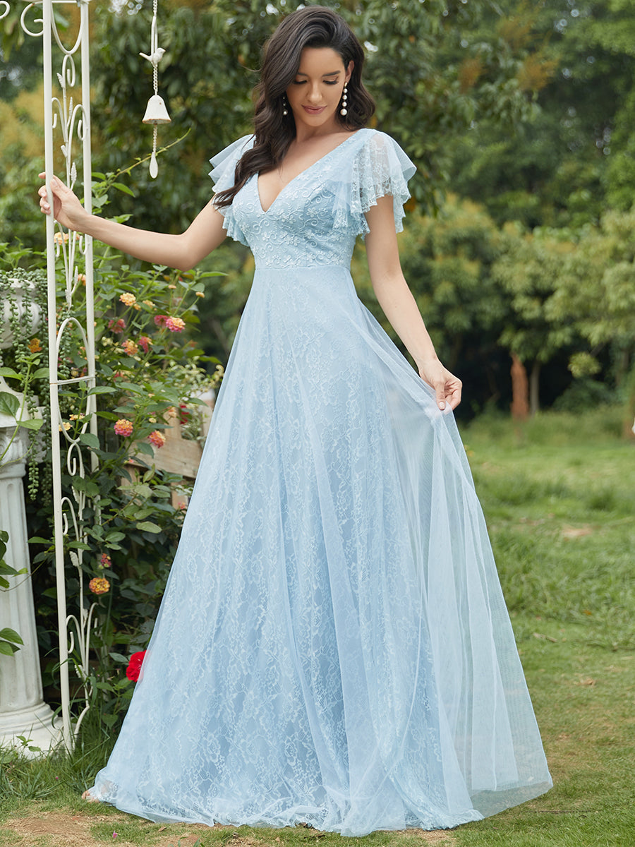 Robe de mariee en dentelle a double col en V et manches a volants Ever Pretty FR