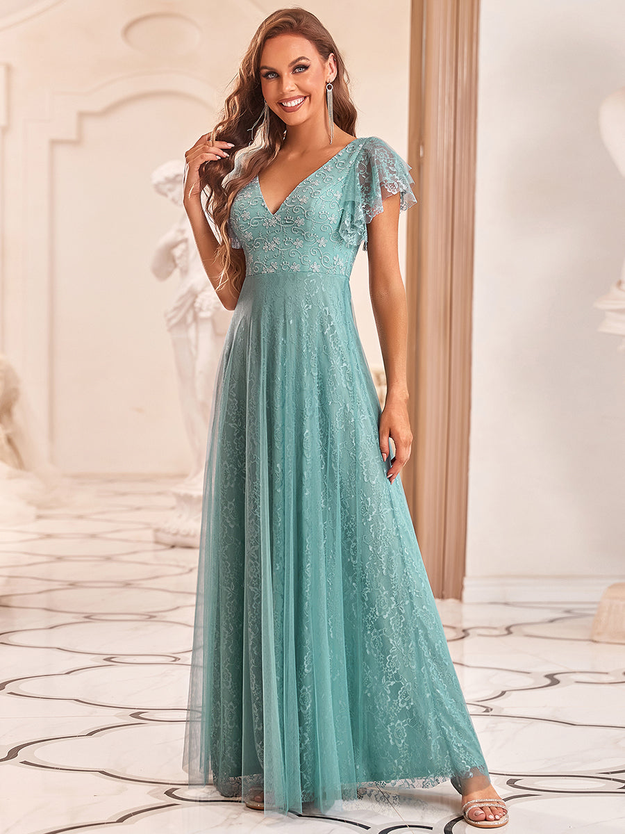 Robe de marie longue en dentelle avec manches  volants et col V double #Couleur_Bleu Fume