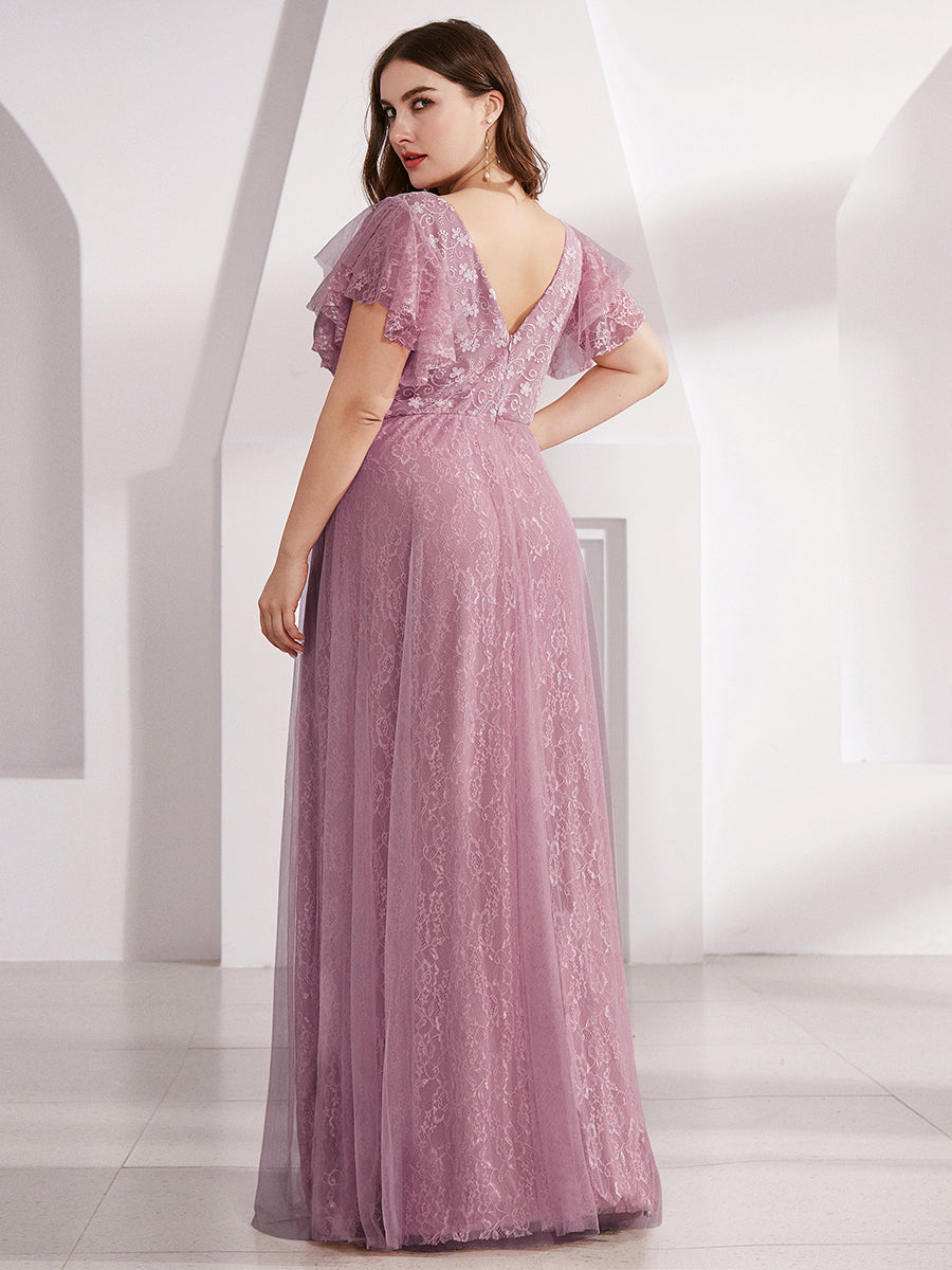 Robe de marie longue en dentelle avec manches  volants et col V double #Couleur_Orchidee