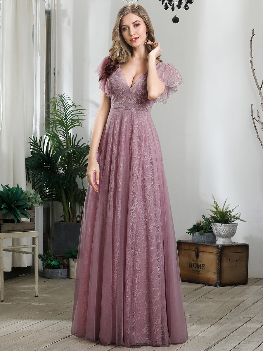 Robe de marie longue en dentelle avec manches  volants et col V double #Couleur_Orchidee