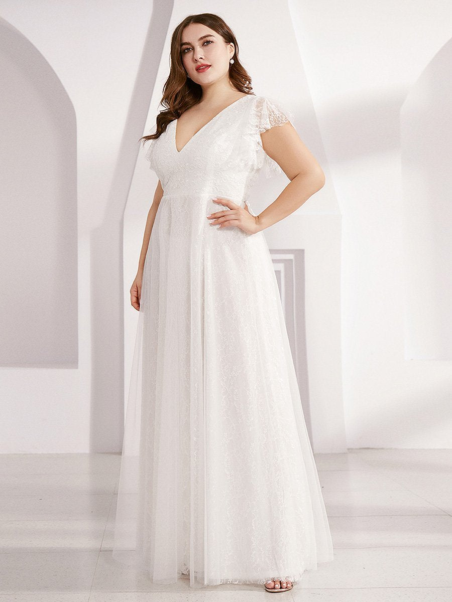 Robes de mariée Maxi Long Plus Size en dentelle avec manches à volants #Couleur_Blanc