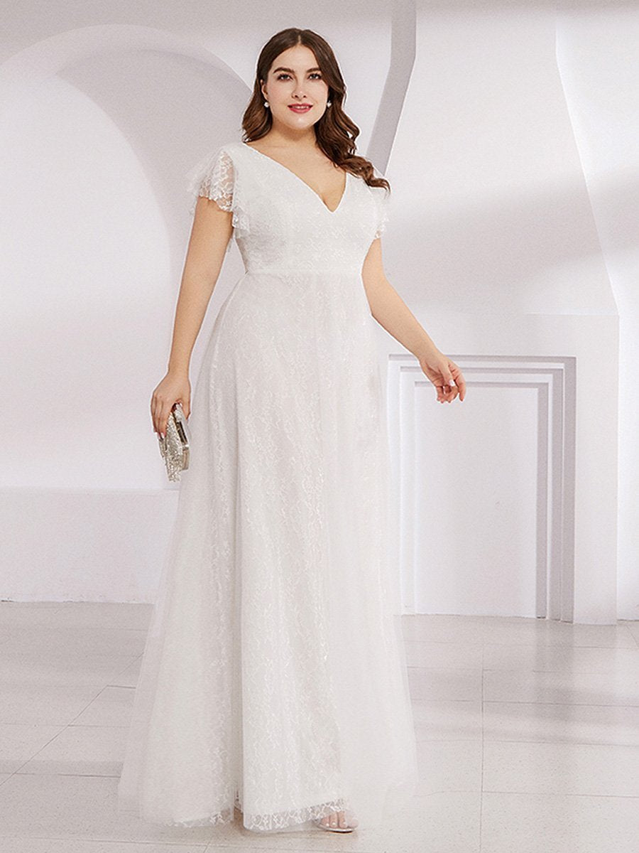 Robes de mariée Maxi Long Plus Size en dentelle avec manches à volants #Couleur_Blanc