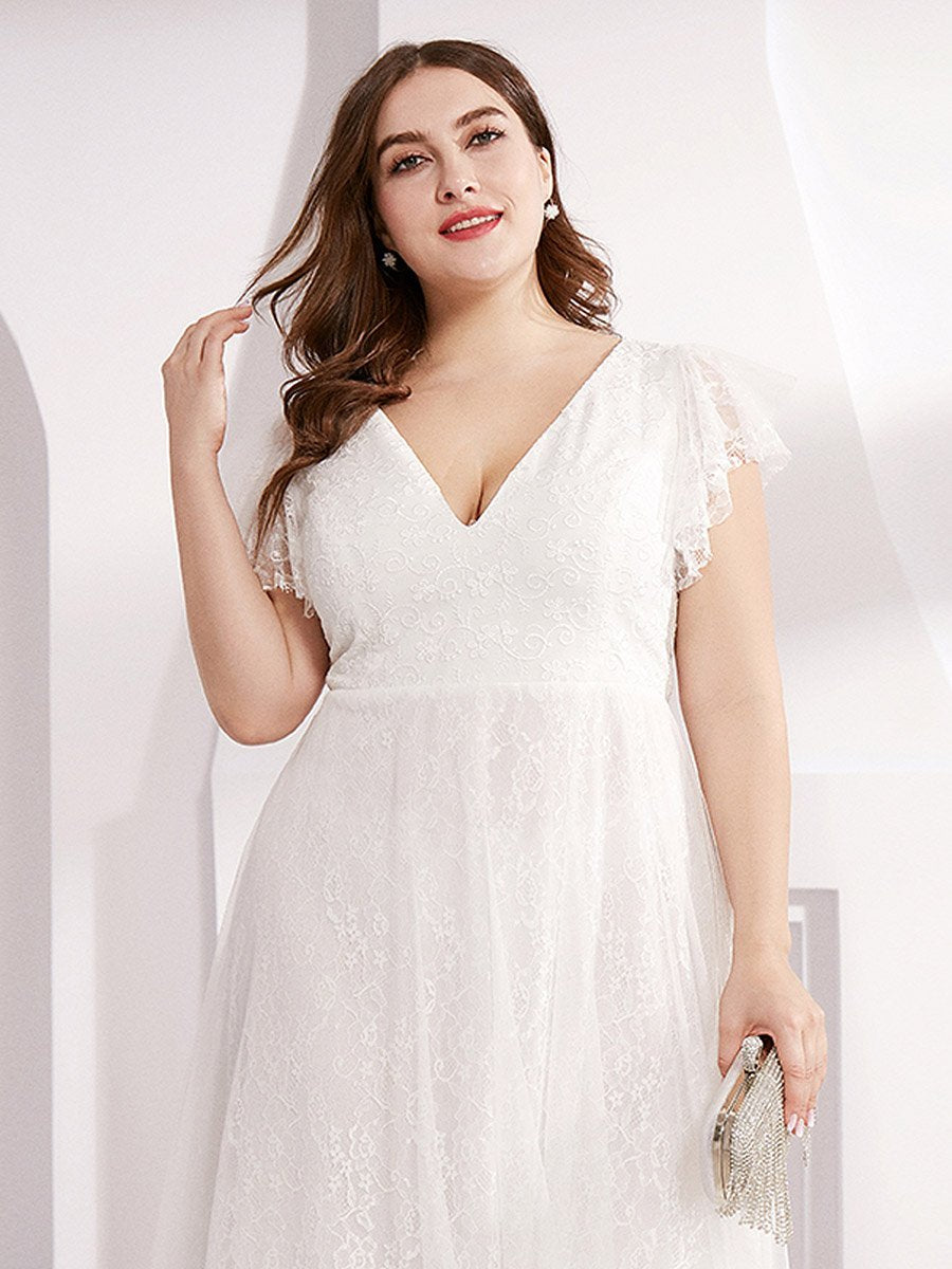 Robes de mariée Maxi Long Plus Size en dentelle avec manches à volants #Couleur_Blanc