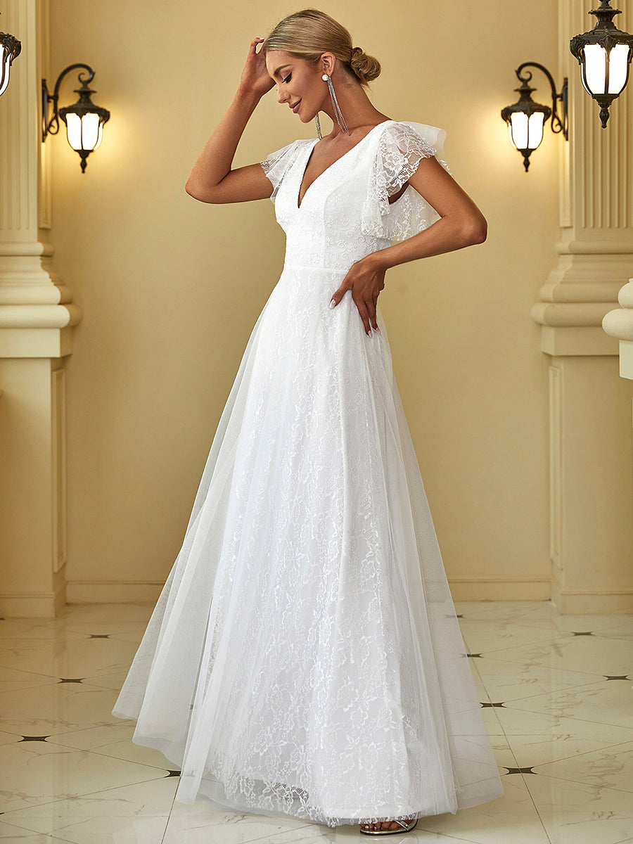 Robe de marie longue en dentelle avec manches  volants et col V double #Couleur_Blanc