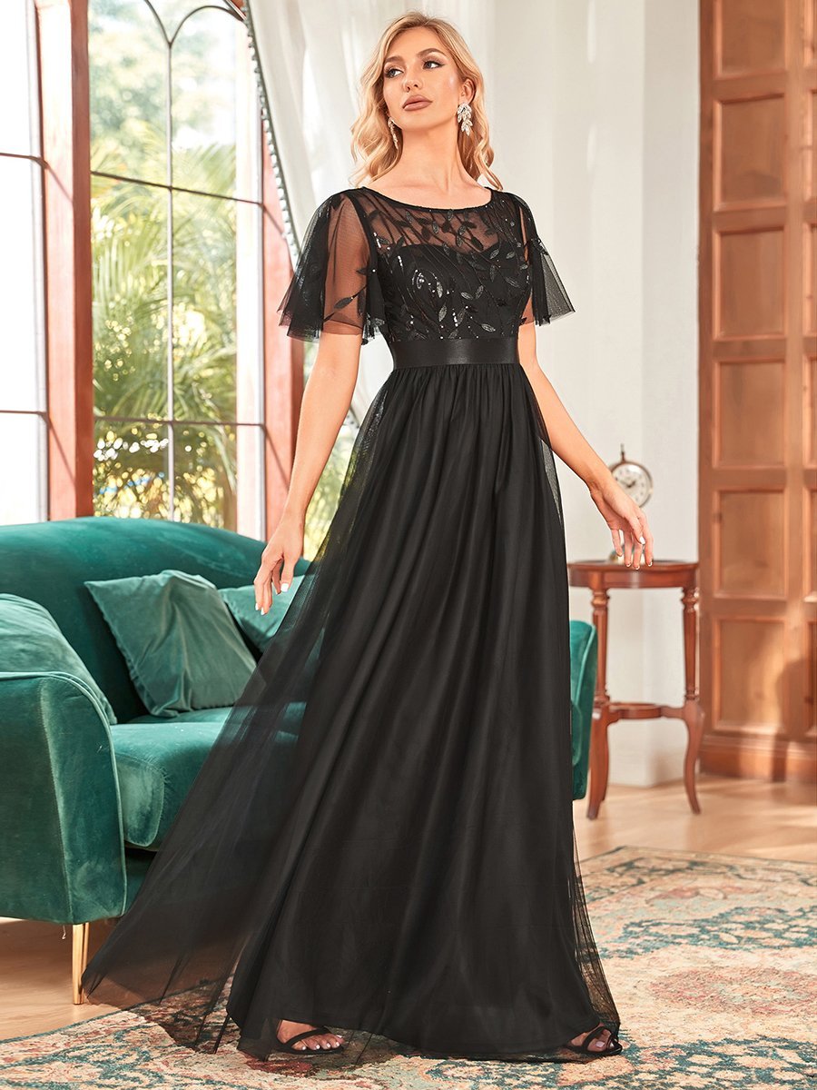 Robes de soirée brodées à manches courtes A-Line pour femmes #Couleur_Noir