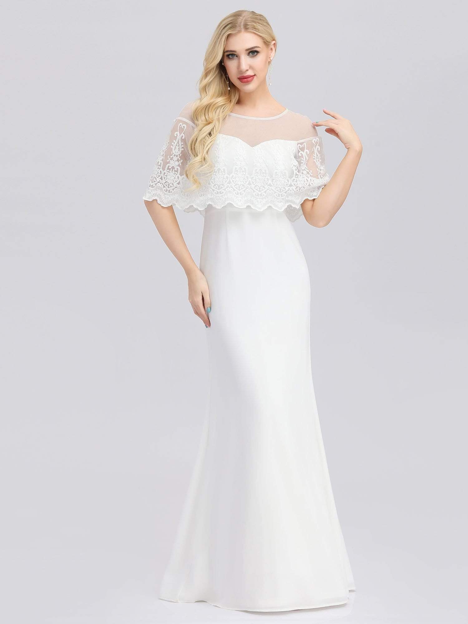 Robe de Mariée avec Col en Cœur Transparant et Manches à Volants #Couleur_Blanc