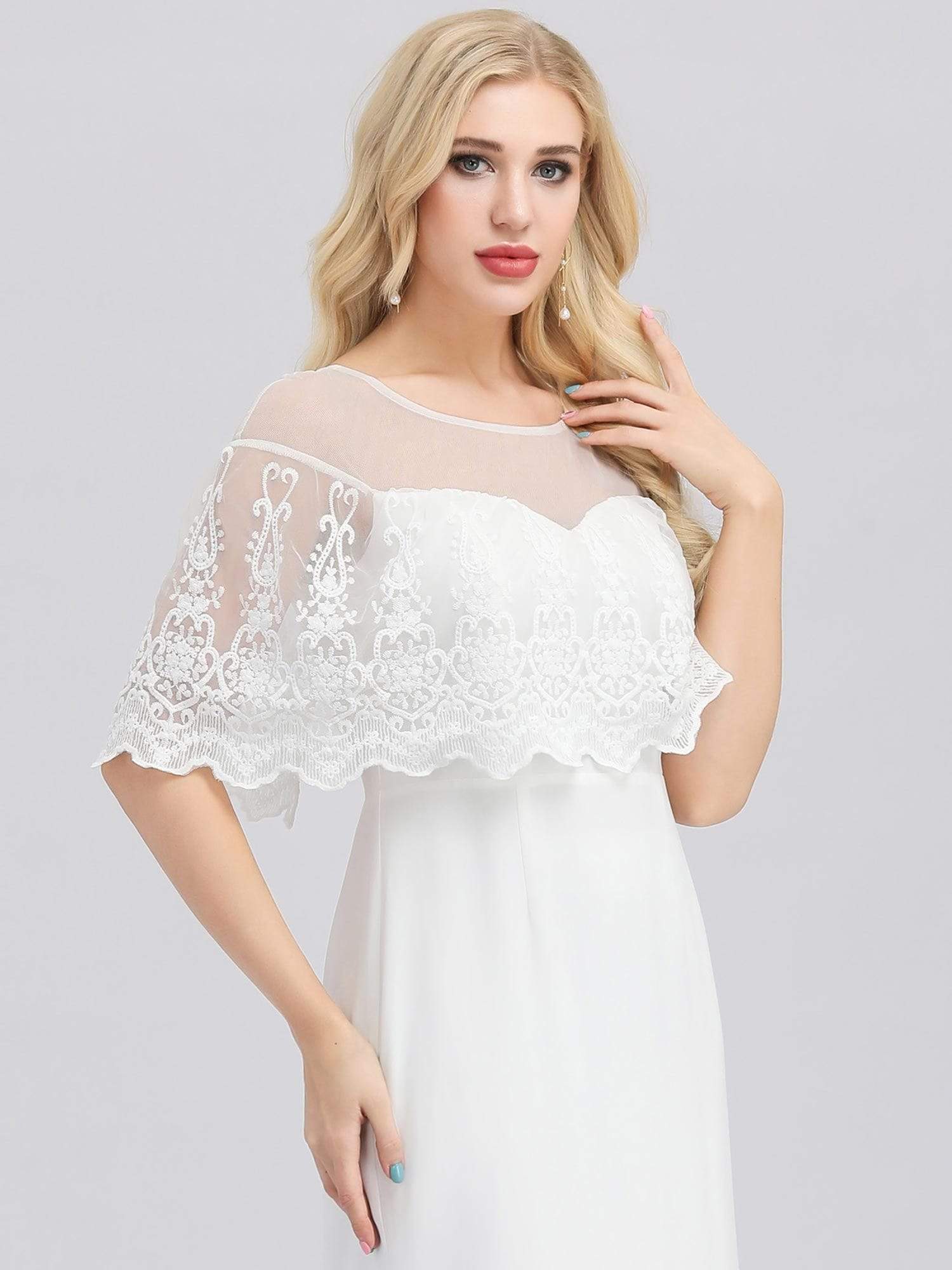 Robe de Mariée avec Col en Cœur Transparant et Manches à Volants #Couleur_Blanc