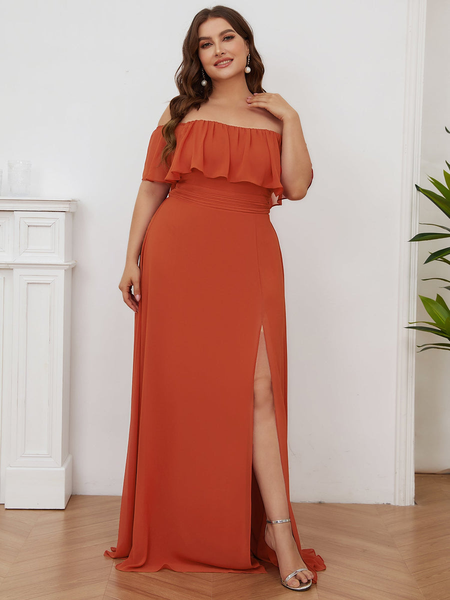 Robe de soirée grande taille à volants et épaules dénudéess #Couleur_Burnt orange