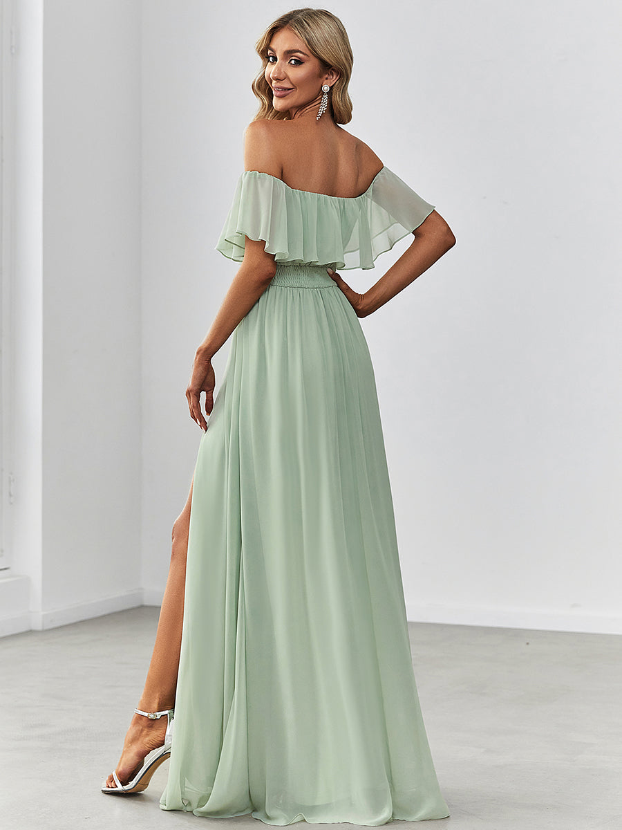 Robe de mariée en mousseline unie à épaule dégagée avec fente latérale #Couleur_Menthe Verte