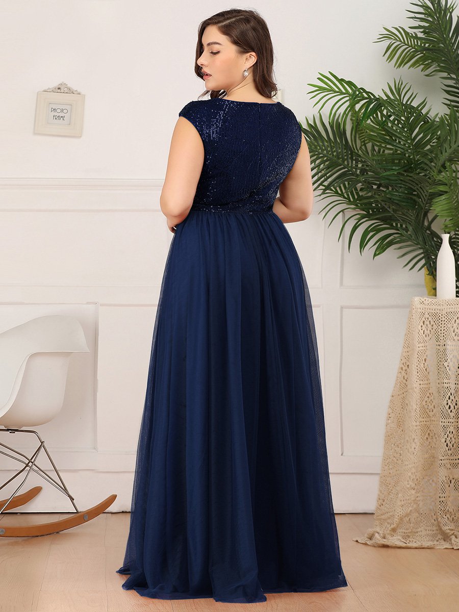 Robe de Soirée Longue à Paillettes et Col en V Profond #Couleur_Bleu Marine