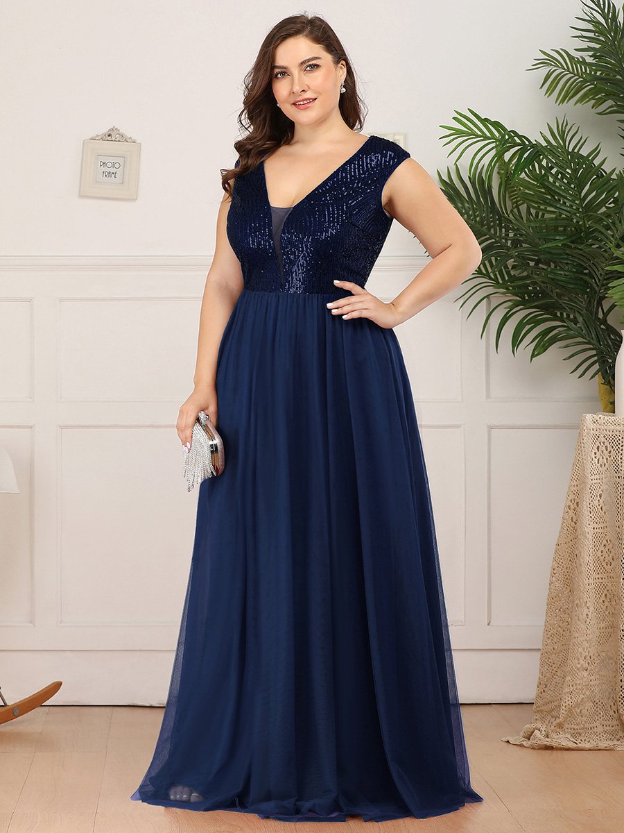 Robe de Soirée Longue à Paillettes et Col en V Profond #Couleur_Bleu Marine