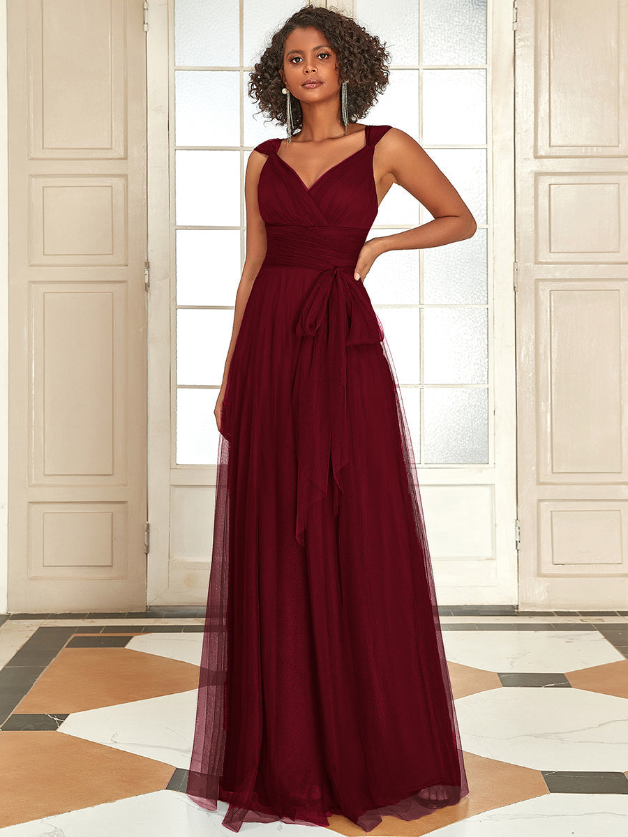 Robes De Demoiselle D'Honneur Maxi En Tulle à Col En V #Couleur_Bordeaux