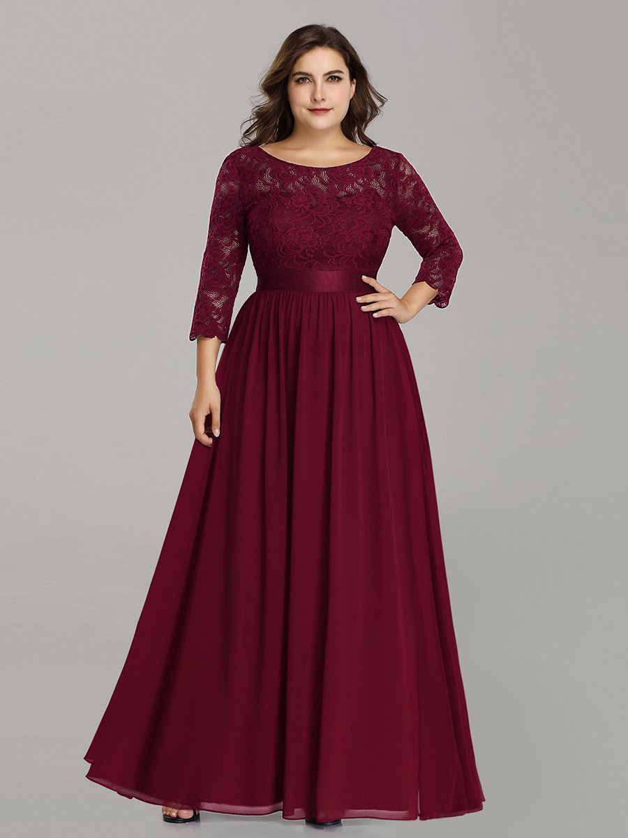 Robe de demoiselle d'honneur en grande taille dentelle transparente et demi-manche #Couleur_Bordeaux