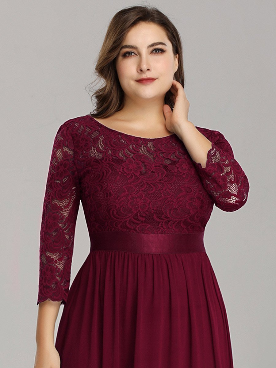 Robe de demoiselle d'honneur en grande taille dentelle transparente et demi-manche #Couleur_Bordeaux