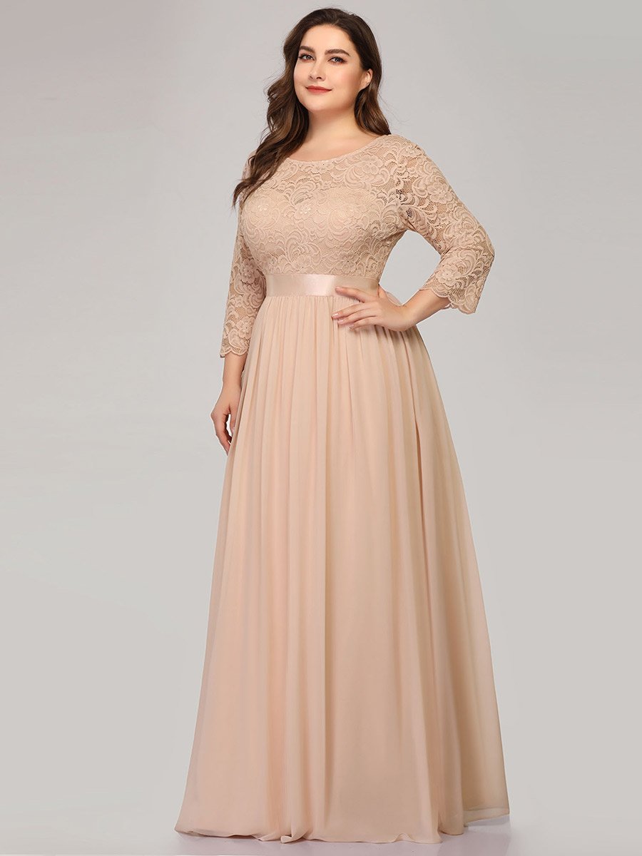 Robe de demoiselle d'honneur en grande taille dentelle transparente et demi-manche #Couleur_Blush