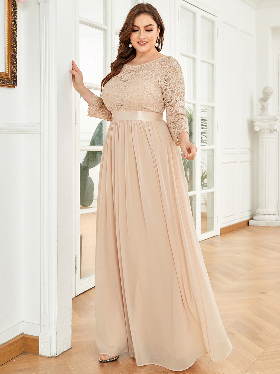 Robe de demoiselle d'honneur en grande taille dentelle transparente et demi-manche #Couleur_Blush