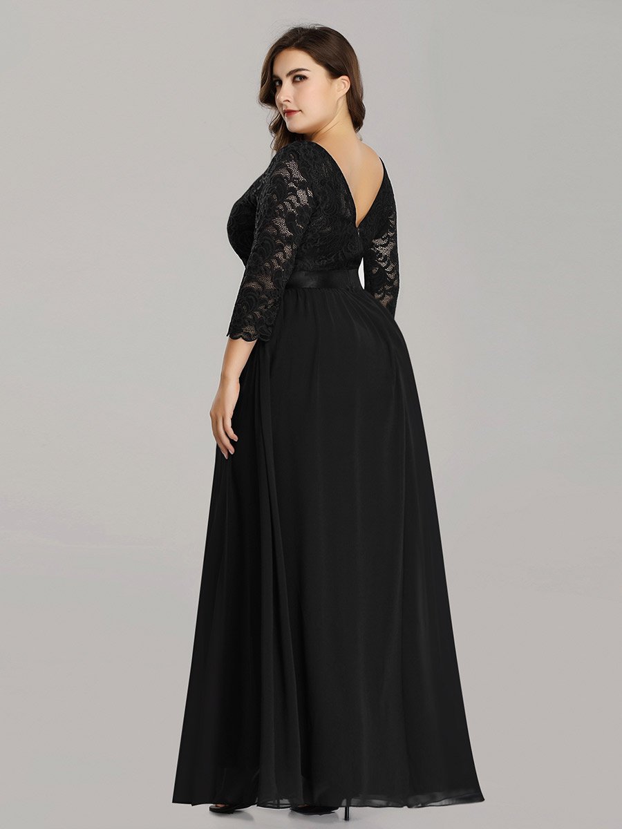 Robe de demoiselle d'honneur en grande taille dentelle transparente et demi-manche #Couleur_Noir