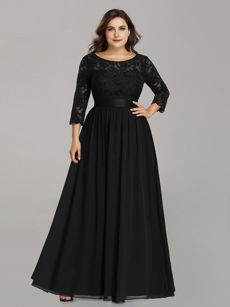 Robe de demoiselle d'honneur en grande taille dentelle transparente et demi-manche #Couleur_Noir