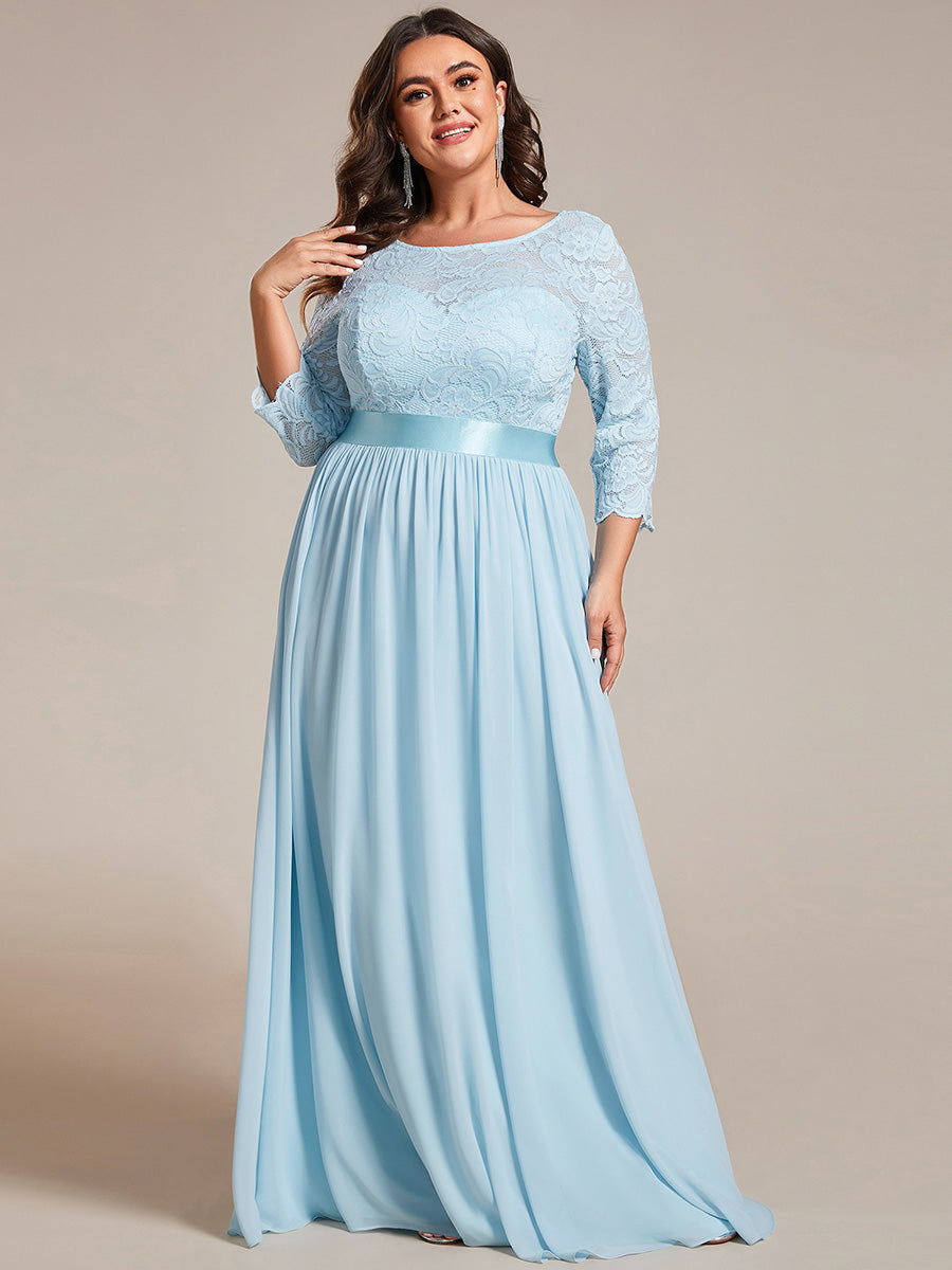 Robe de demoiselle d'honneur en grande taille dentelle transparente et demi-manche #Couleur_Bleu Ciel