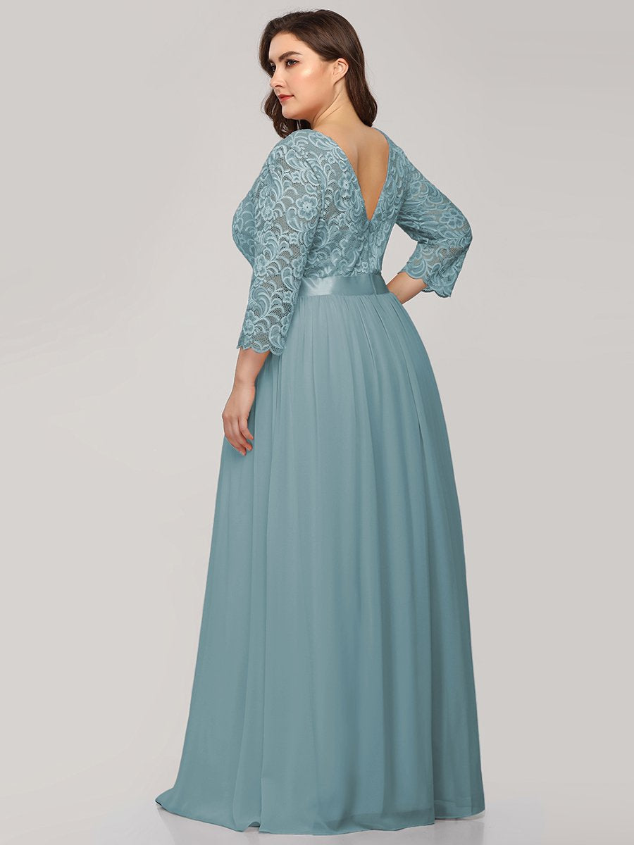 Robe de demoiselle d'honneur en grande taille dentelle transparente et demi-manche #Couleur_Bleu Fume