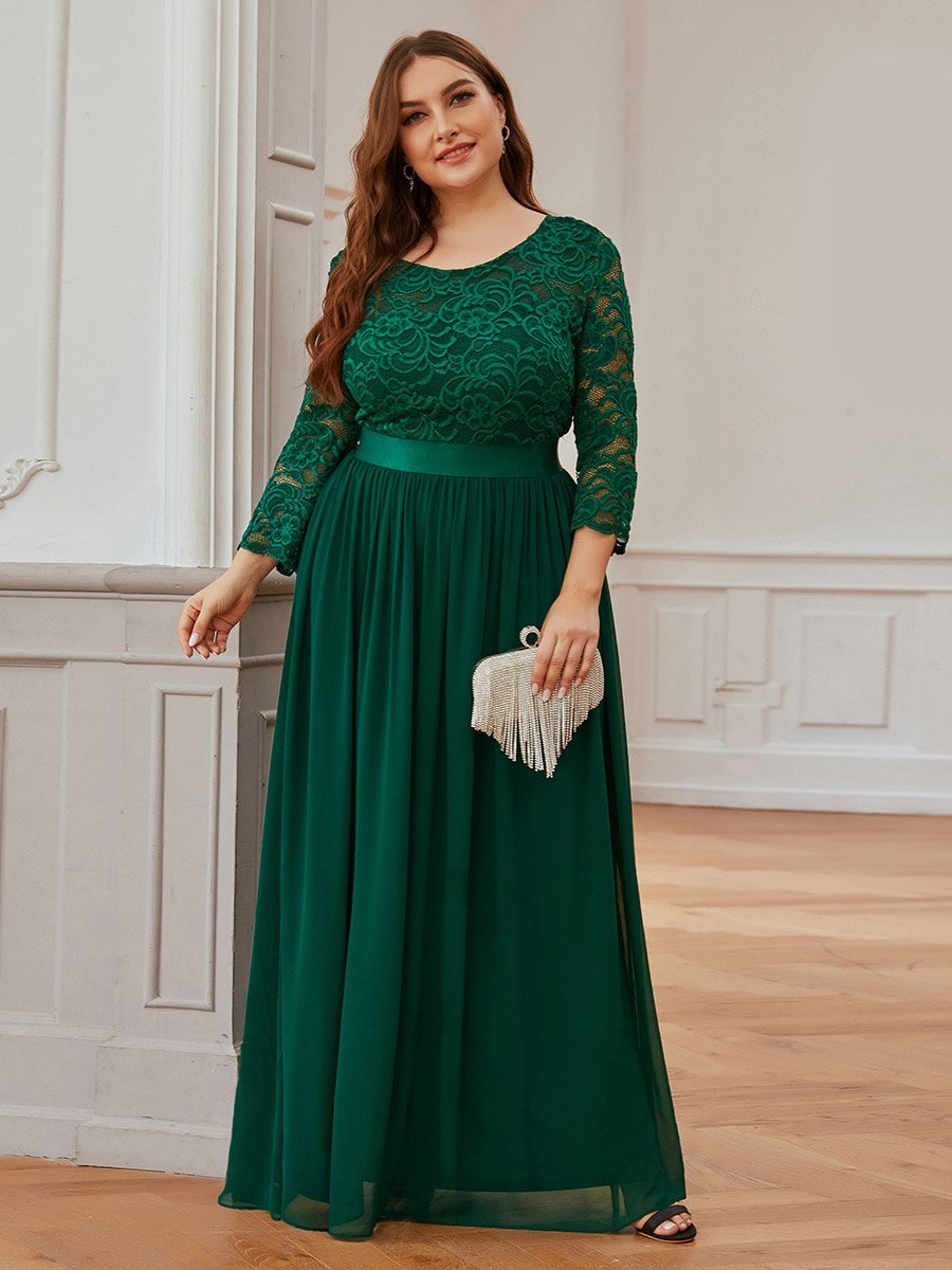 Robe de demoiselle d'honneur en grande taille dentelle transparente et demi-manche #Couleur_Vert Fonce