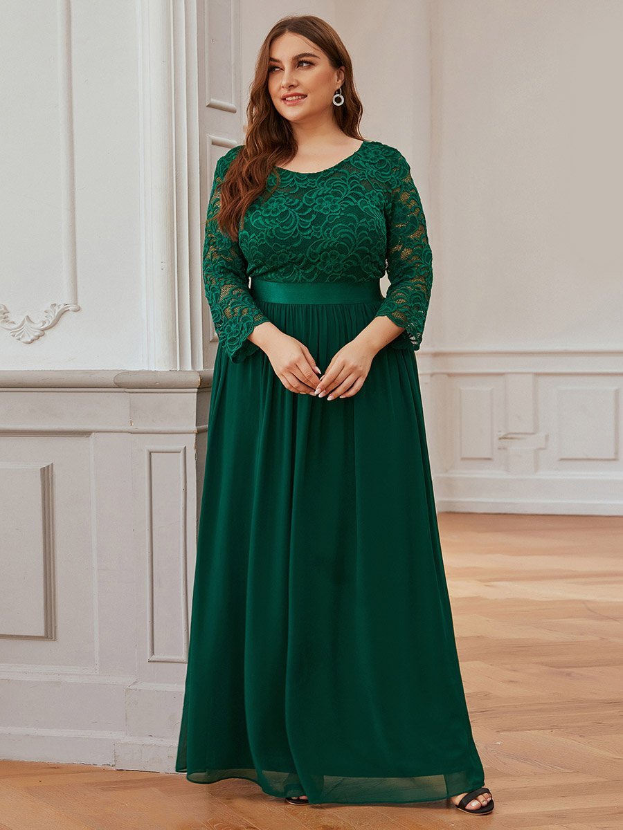 Robe de demoiselle d'honneur en grande taille dentelle transparente et demi-manche #Couleur_Vert Fonce