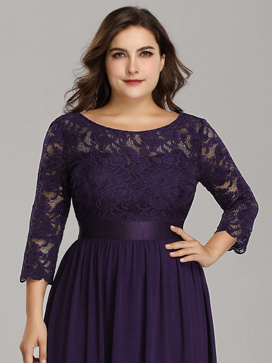 Robe de demoiselle d'honneur en grande taille dentelle transparente et demi-manche #Couleur_Violet Fonce