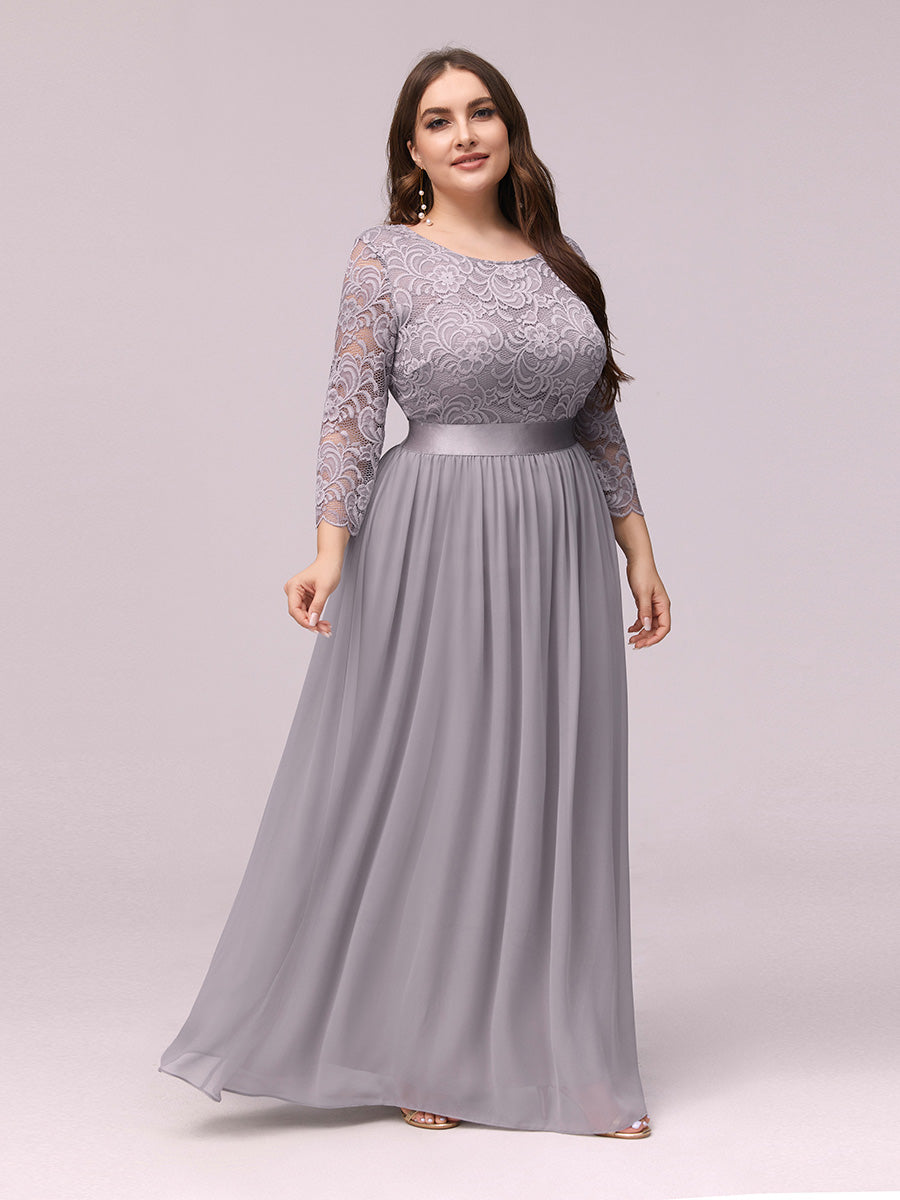 Robe de demoiselle d'honneur en grande taille dentelle transparente et demi-manche #Couleur_Gris