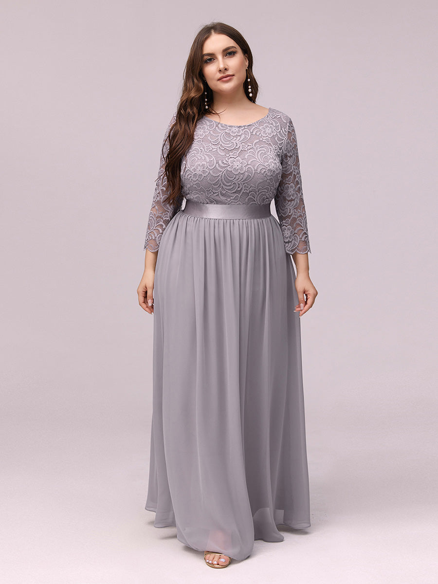 Robe de demoiselle d'honneur en grande taille dentelle transparente et demi-manche #Couleur_Gris