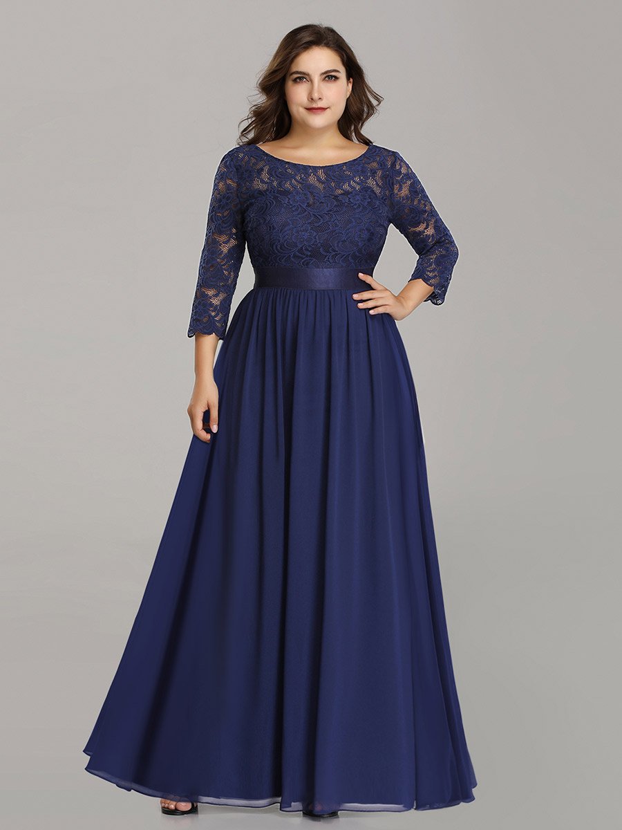 Robe de demoiselle d'honneur en grande taille dentelle transparente et demi-manche #Couleur_Bleu Marine