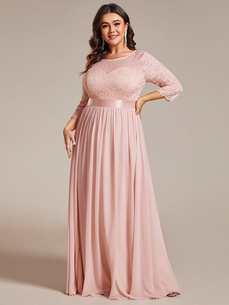 Robe de demoiselle d'honneur en grande taille dentelle transparente et demi-manche #Couleur_Rose