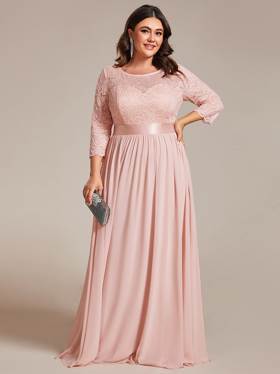 Robe de demoiselle d'honneur en grande taille dentelle transparente et demi-manche #Couleur_Rose