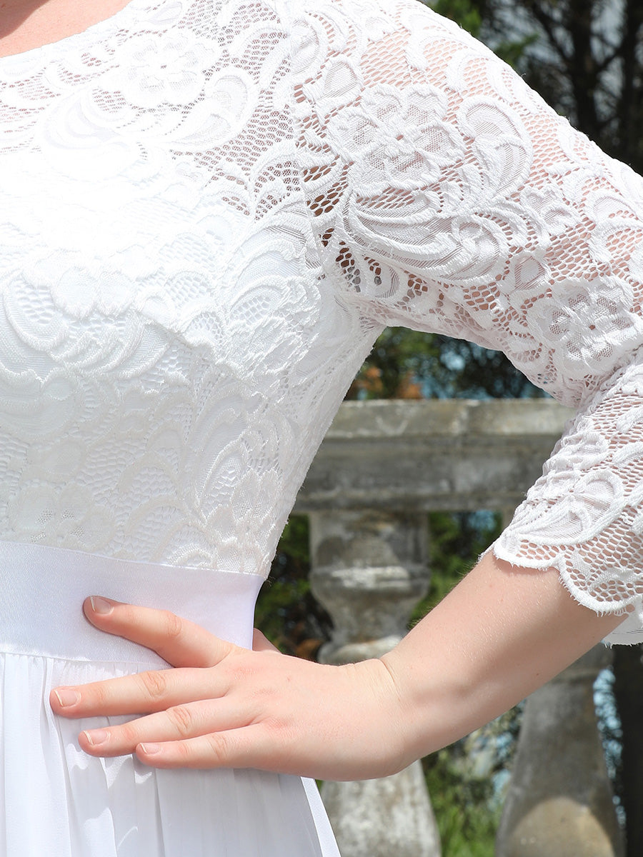 Robe de demoiselle d'honneur en grande taille dentelle transparente et demi-manche #Couleur_Blanc