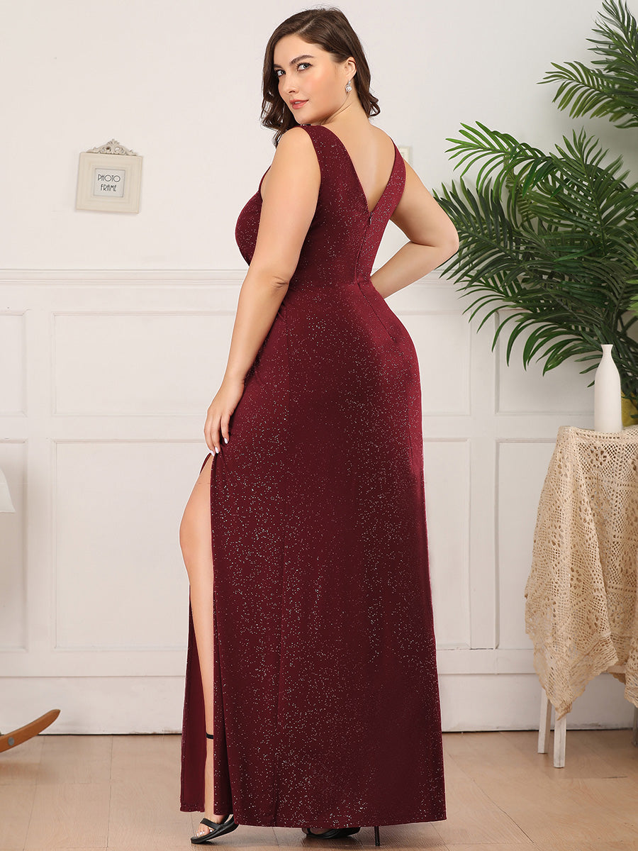 Robe de Cérémonie Empire Grande Taille à Col en V avec Fente Latérale #Couleur_Bordeaux