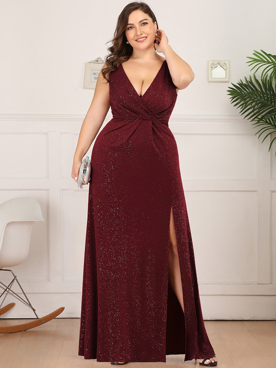 Robe de Cérémonie Empire Grande Taille à Col en V avec Fente Latérale #Couleur_Bordeaux