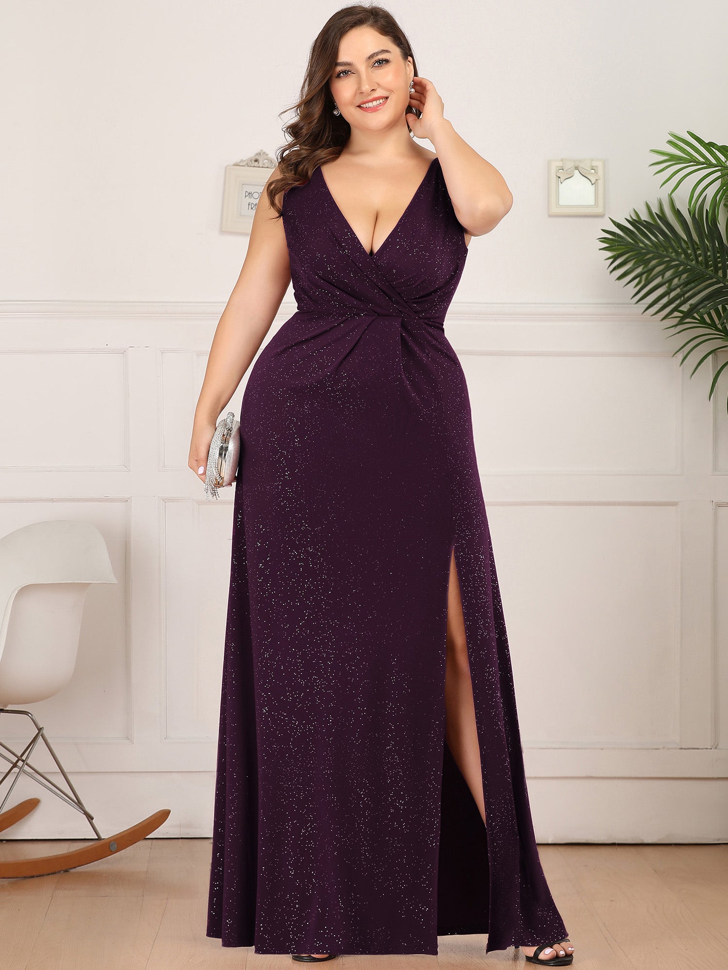 Robe de Cérémonie Empire Grande Taille à Col en V avec Fente Latérale #Couleur_Violet Fonce