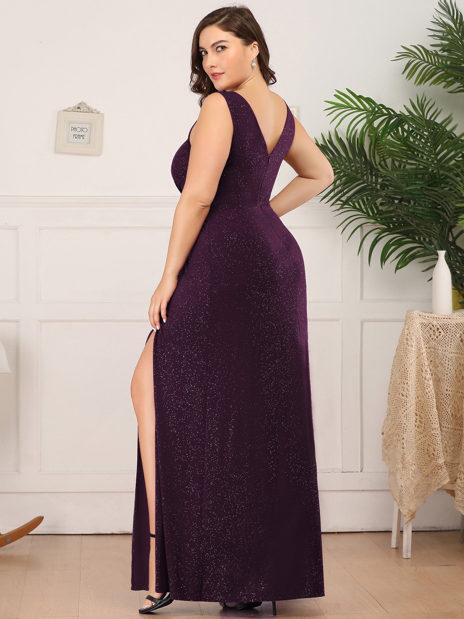 Robe de Cérémonie Empire Grande Taille à Col en V avec Fente Latérale #Couleur_Violet Fonce