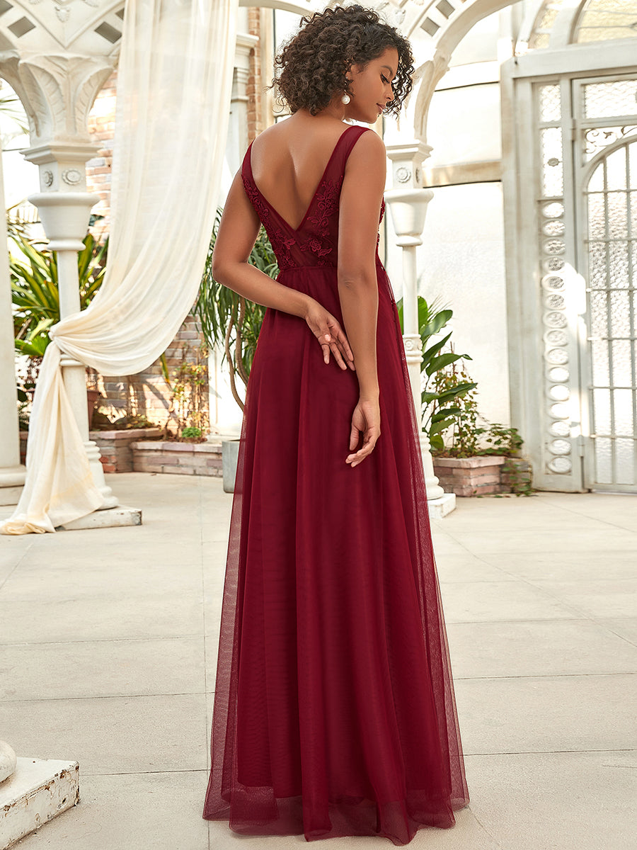 Taille personnalisée robe de soirée élégante sans manches en tulle fluide #couleur_Bordeaux