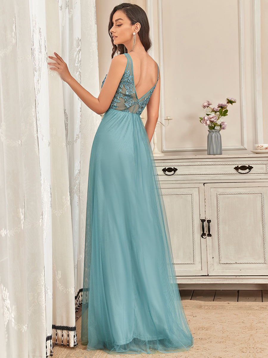 Taille personnalisée robe de soirée élégante sans manches en tulle fluide #couleur_Bleu Fume