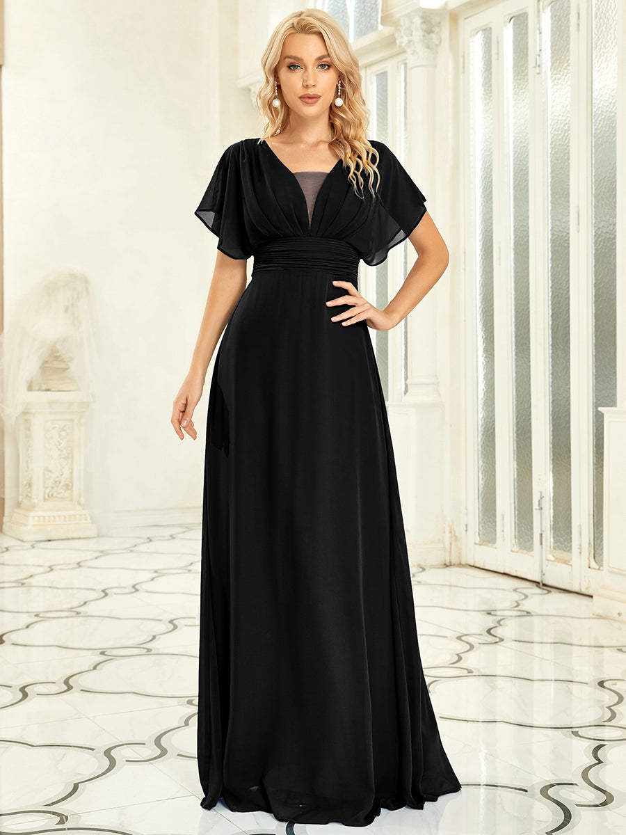Maxi robe de soirée en mousseline de soie taille empire pour femmes #Couleur_Noir