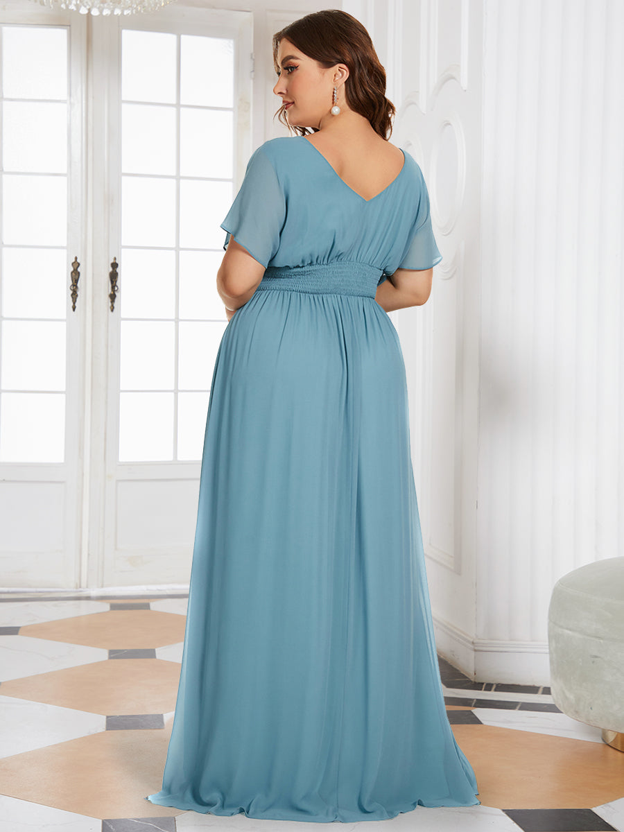 Maxi robe de soirée en mousseline de soie taille empire pour femmes #Couleur_Bleu Fume