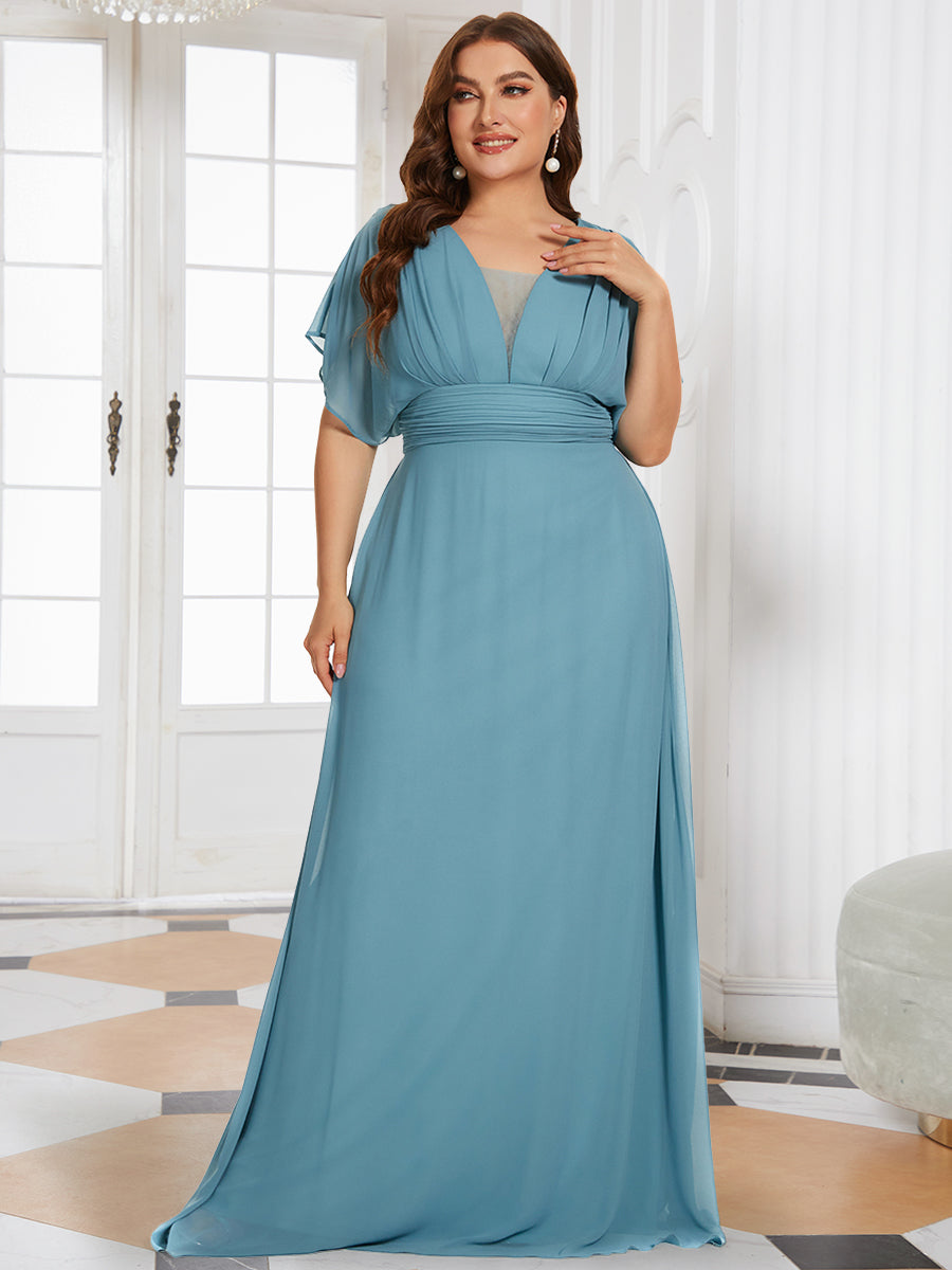 Maxi robe de soirée en mousseline de soie taille empire pour femmes #Couleur_Bleu Fume
