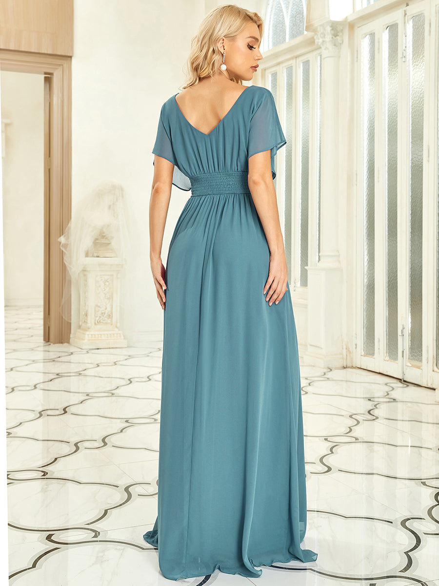 Maxi robe de soirée en mousseline de soie taille empire pour femmes #Couleur_Bleu Fume